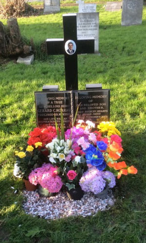 Flowers in tribute: Gerard's grave in Middlesex