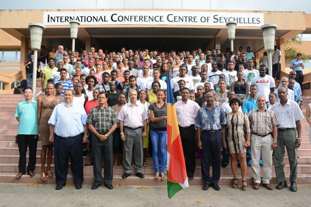 Support: President Michel with Team Seychelles on the steps of the International Convention Centre of Seychelles