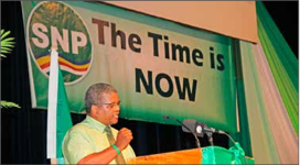 Up against the clock: Wavel Ramkalawan with the SNP slogan