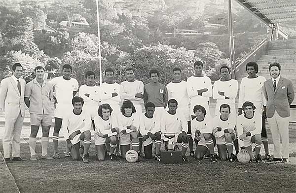 Star players: Robert Frichot far right, Philip Fock Heng left with Adrian Fisher with the Seychelles National Team in 1973