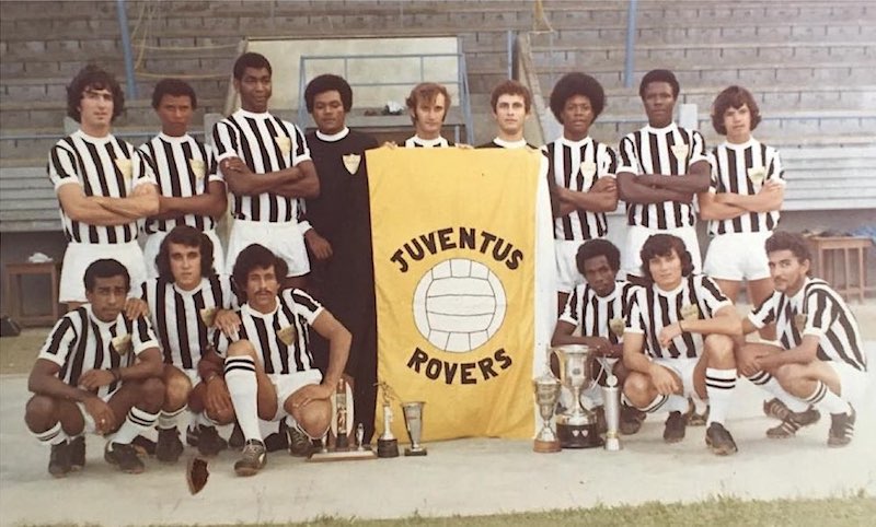 Full line-up of the Rovers in the 1975-76 season. From left to right standing: Tim Jackson, Terry Sandapin, Lewis Betsy, Max Racombo, Basil Savy, Wingette  Mondon, George Constance, Player Botsoie, Egbert Durup. Front row: Tornio Mend, Gerard Hoarau, Jim Pouponeau, Philip Kilindo, Tony Hoareau, Jeffers Delpeche