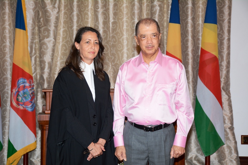 Welcoming the challenge: New Chief Justice Mathilda Twomey at the swearing-in with President Michel