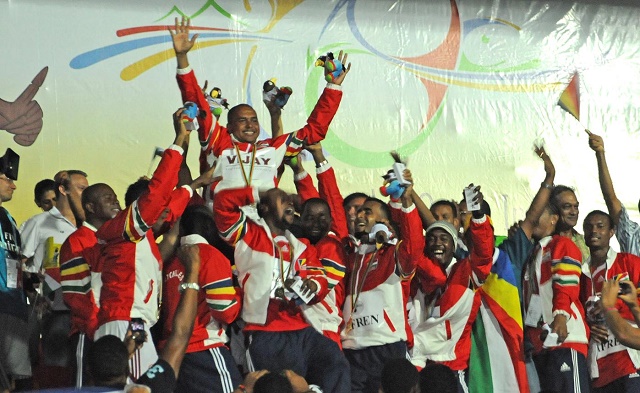 Victory: The Seychelles team celebrate after winning the gold medal in 2011