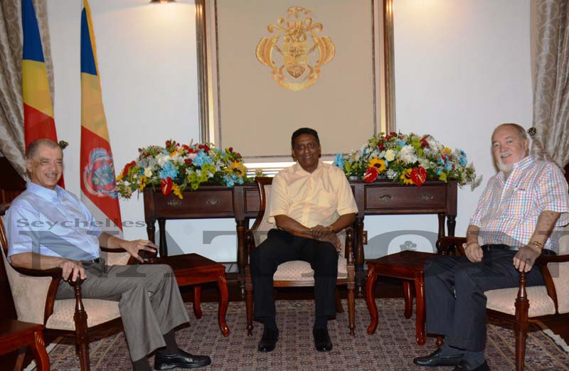 Historic: Danny Faure, centre, and his predecessors, James Michel, left, and Founding President Sir James Mancham