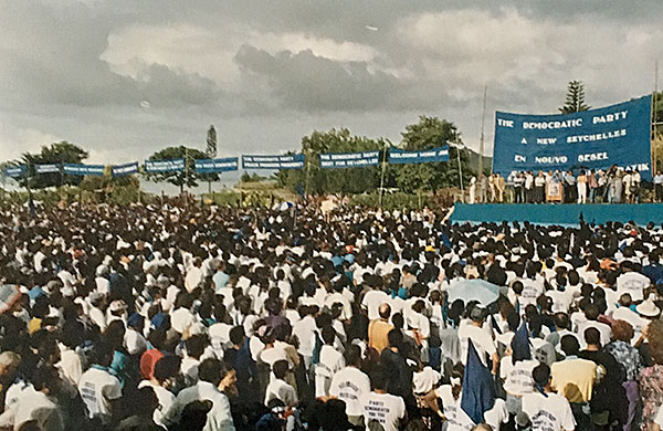 Moment of hope: Crowds gather as Sir James Mancham returns to Seychelles from exile in 1992