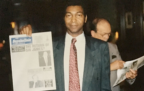 Campaign: Lewis Betsy with the front page of his newspaper The Seychellois International in 1990