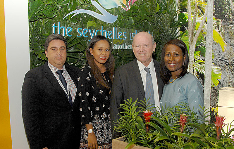 Promoting Seychelles: Tourism CEO Sherin Naiken, centre with Tourism Minister Alain St. Ange, at the World Travel Market