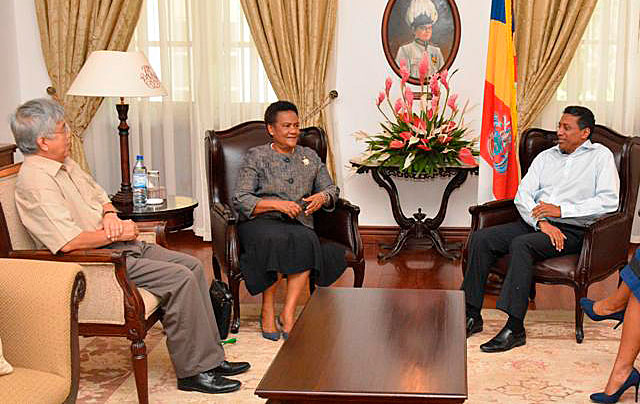 Honoured: Ambassadors Bernard Shamlaye and Marie-Pierre Lloyd with President Faure at State House