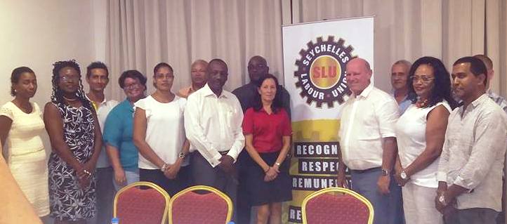 Campaigners: Alain St. Ange centre right, with Peter Sinon and other founding members of the new Seychelles Labour Union