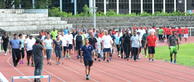 Caption: Keeping fit: Campaigners show the way at the Stad Popiler