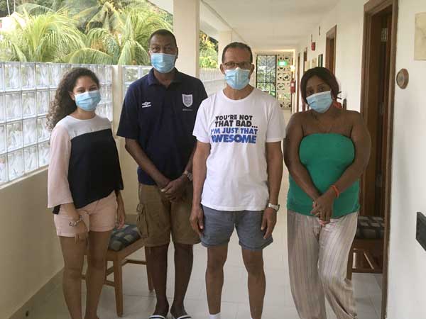 Mutual support: Left, Shanna Charlette, Lewis, Jude Monaie and Rena Baccarie at the Quarantine Centre in Berjaya