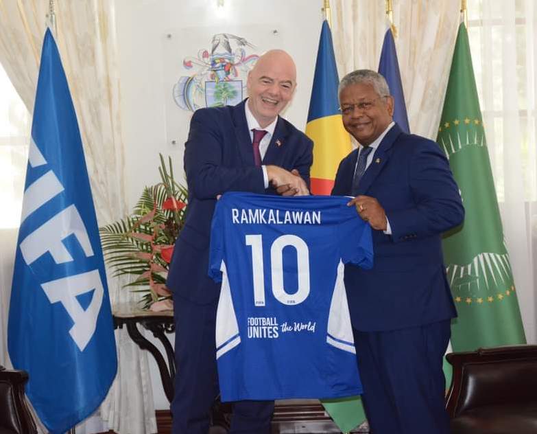 Dream team: FIFA chief Gianni Infantino with President Ramkalawan and his No 10 football strip